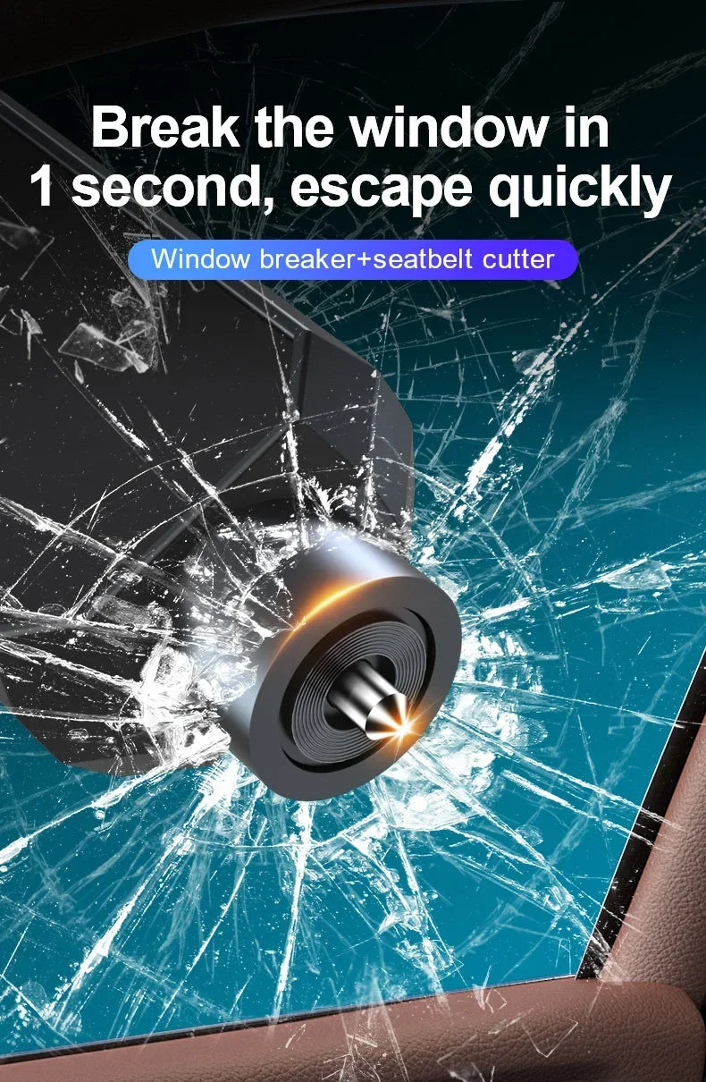 A close-up of an emergency car safety hammer with a window breaker and seatbelt cutter breaking through a car window.