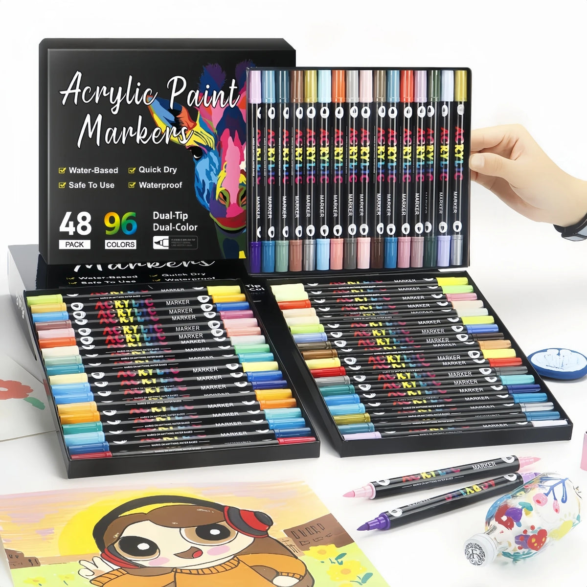 48 Acryl-Marker mit Doppelspitze in verschiedenen Farben und Schattierungen in einer Verpackung.
