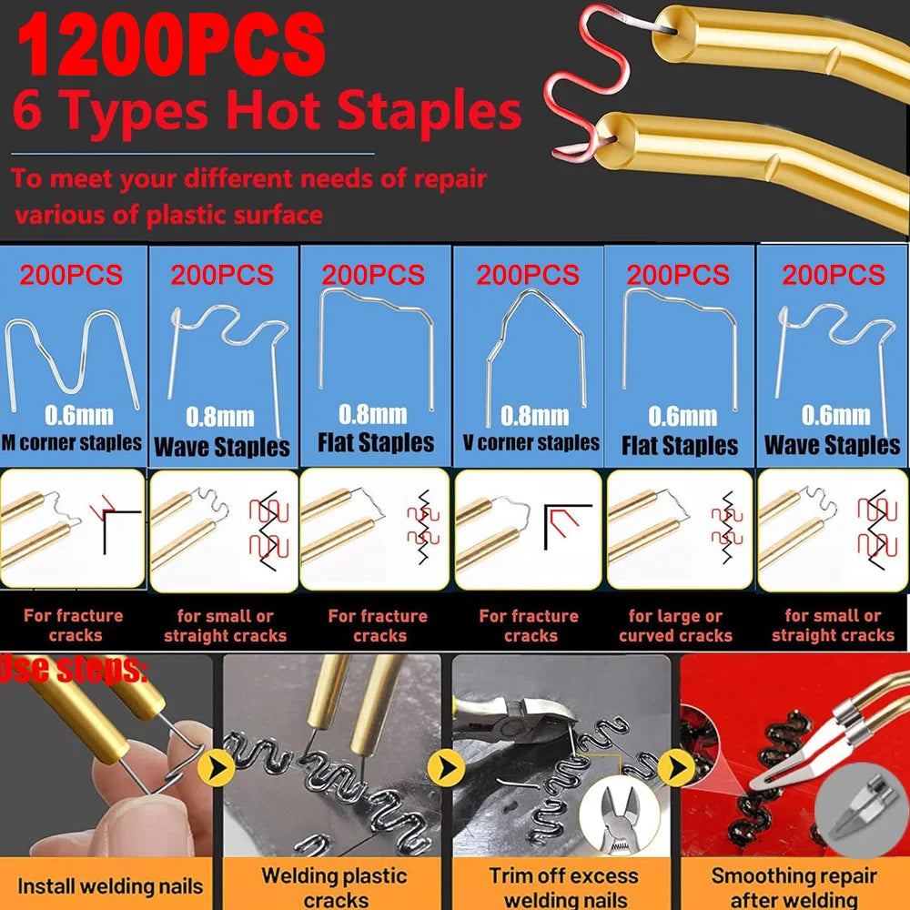 A set of 1200 plastic hot staples in various types and sizes for repair work.