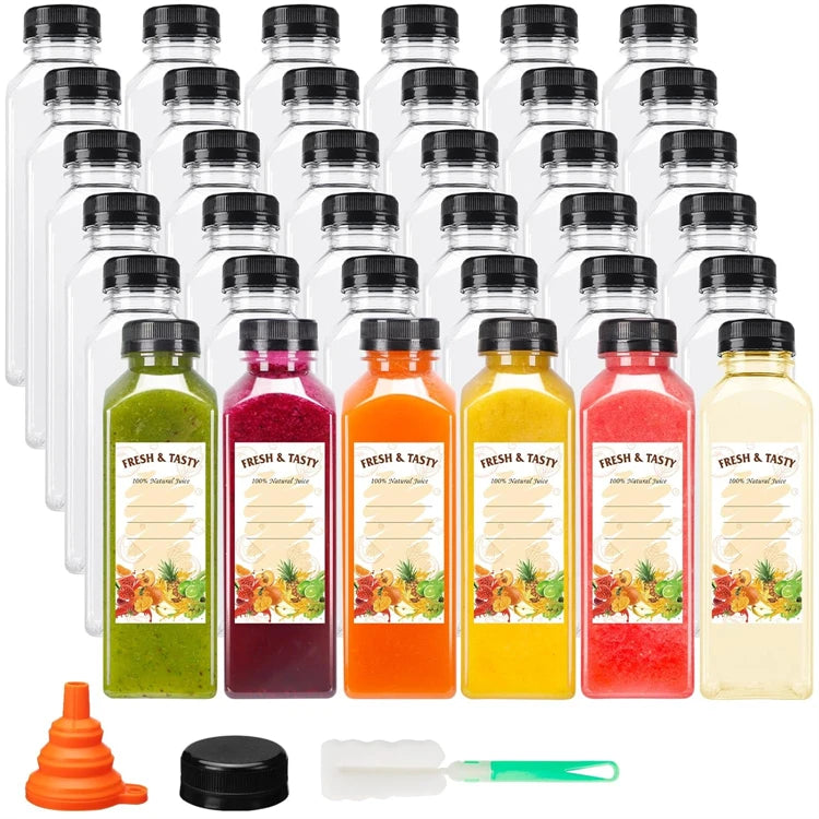 Clear Reusable Juice Bottles with Cleaning Brush and Funnel