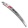 A silver reciprocating saw blade with an ARC-EDGE design for pruning and wood cutting.