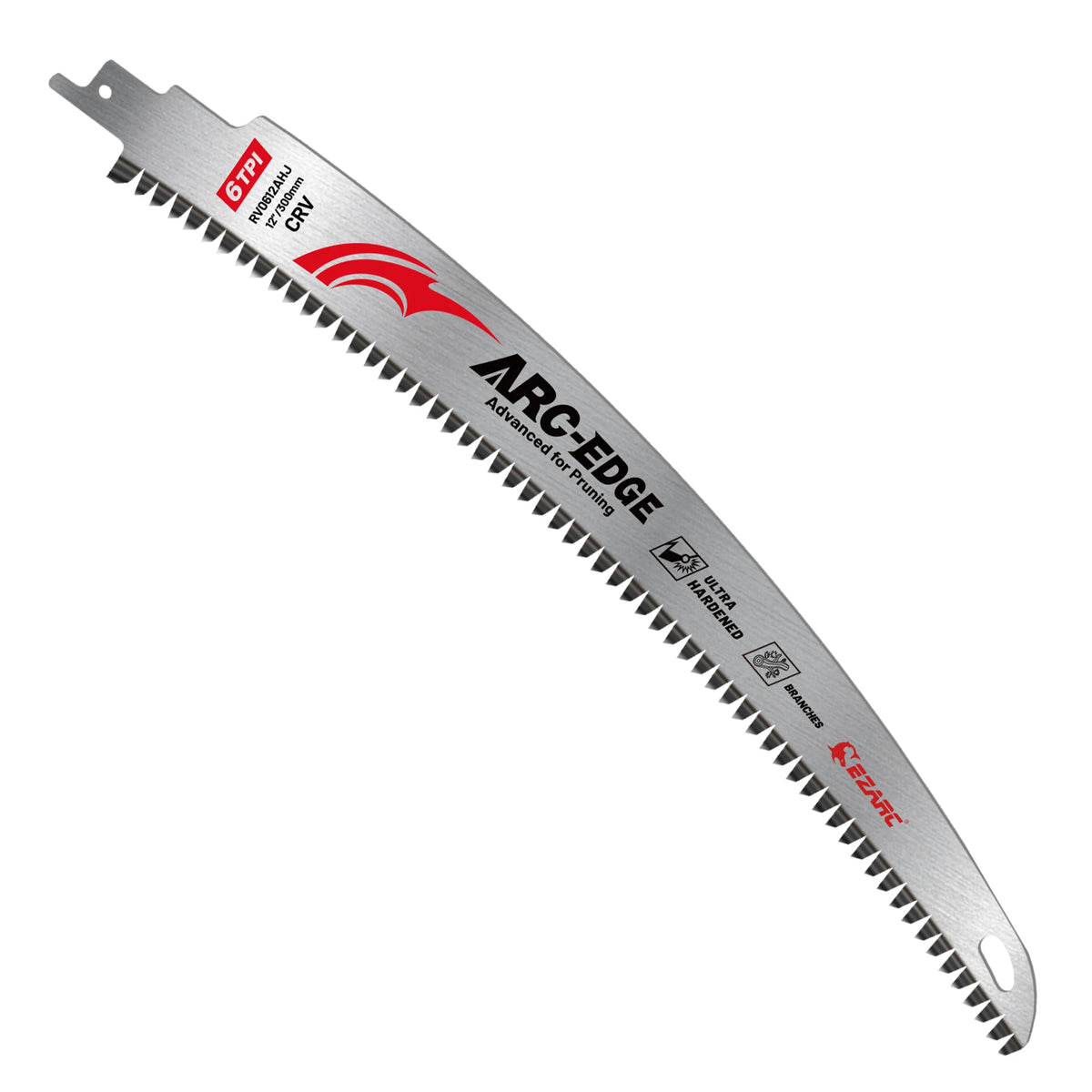 A silver reciprocating saw blade with an ARC-EDGE design for pruning and wood cutting.