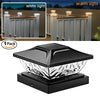 A black solar post cap light with a clear glass cover is shown next to examples of white and warm light installations on a wo