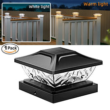 A black solar post cap light with a clear glass cover is shown next to examples of white and warm light installations on a wo