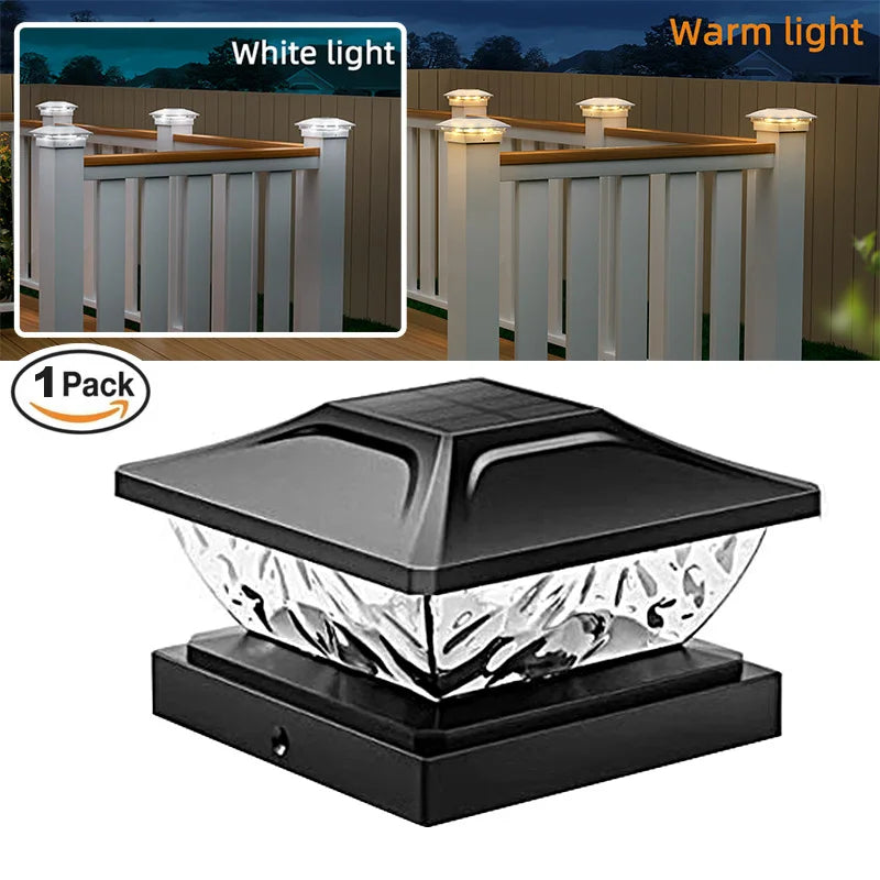 A black solar post cap light with a clear glass cover is shown next to examples of white and warm light installations on a wo