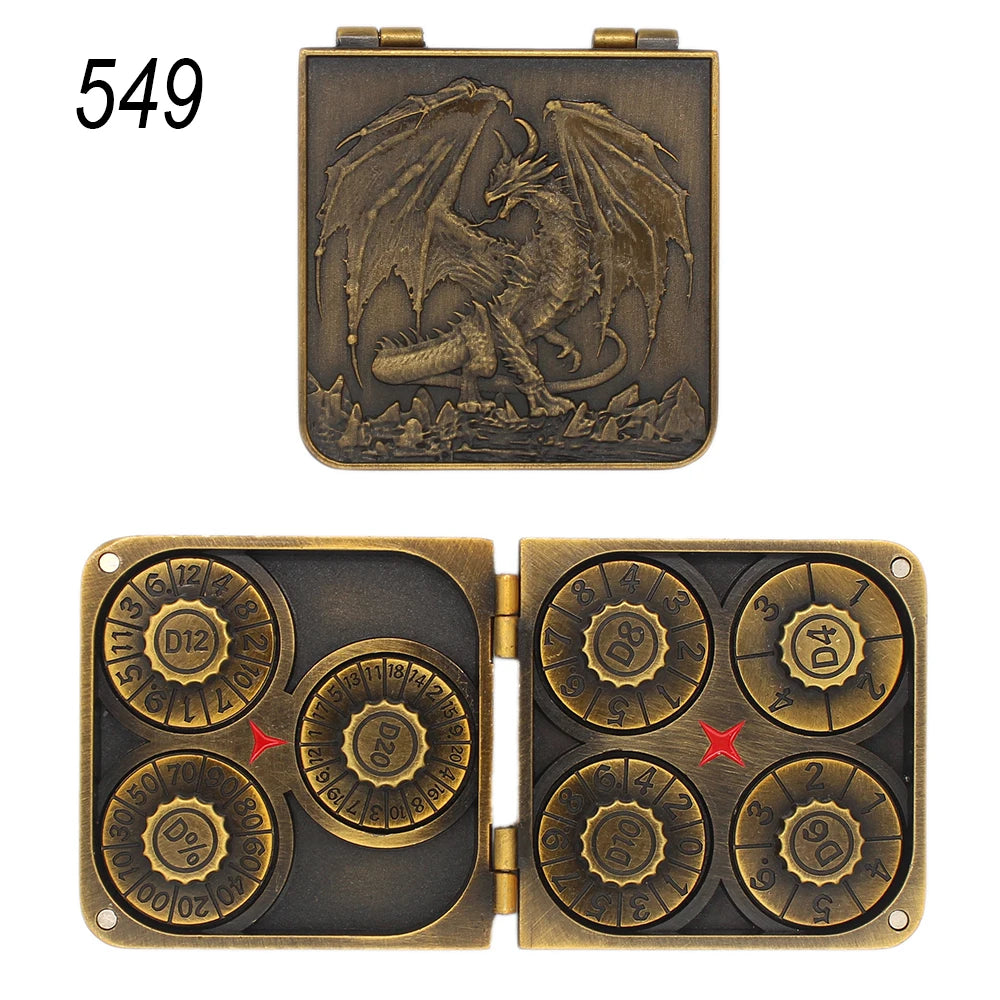 A set of five metal dice and a sixth die are shown in a rectangular box with a gold finish.