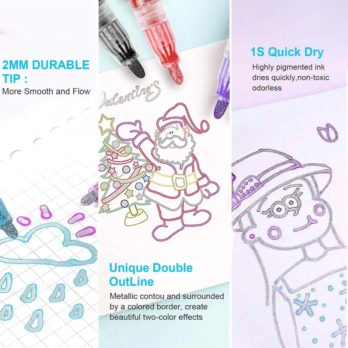 Double Line Outline Pens with Metallic Glitter (Set of 8)