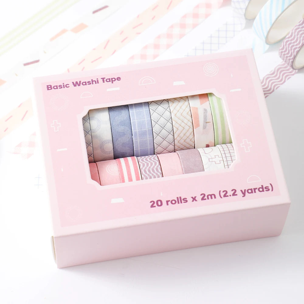 A box of basic washi tape with 20 rolls of various colored tapes for journaling and crafts.