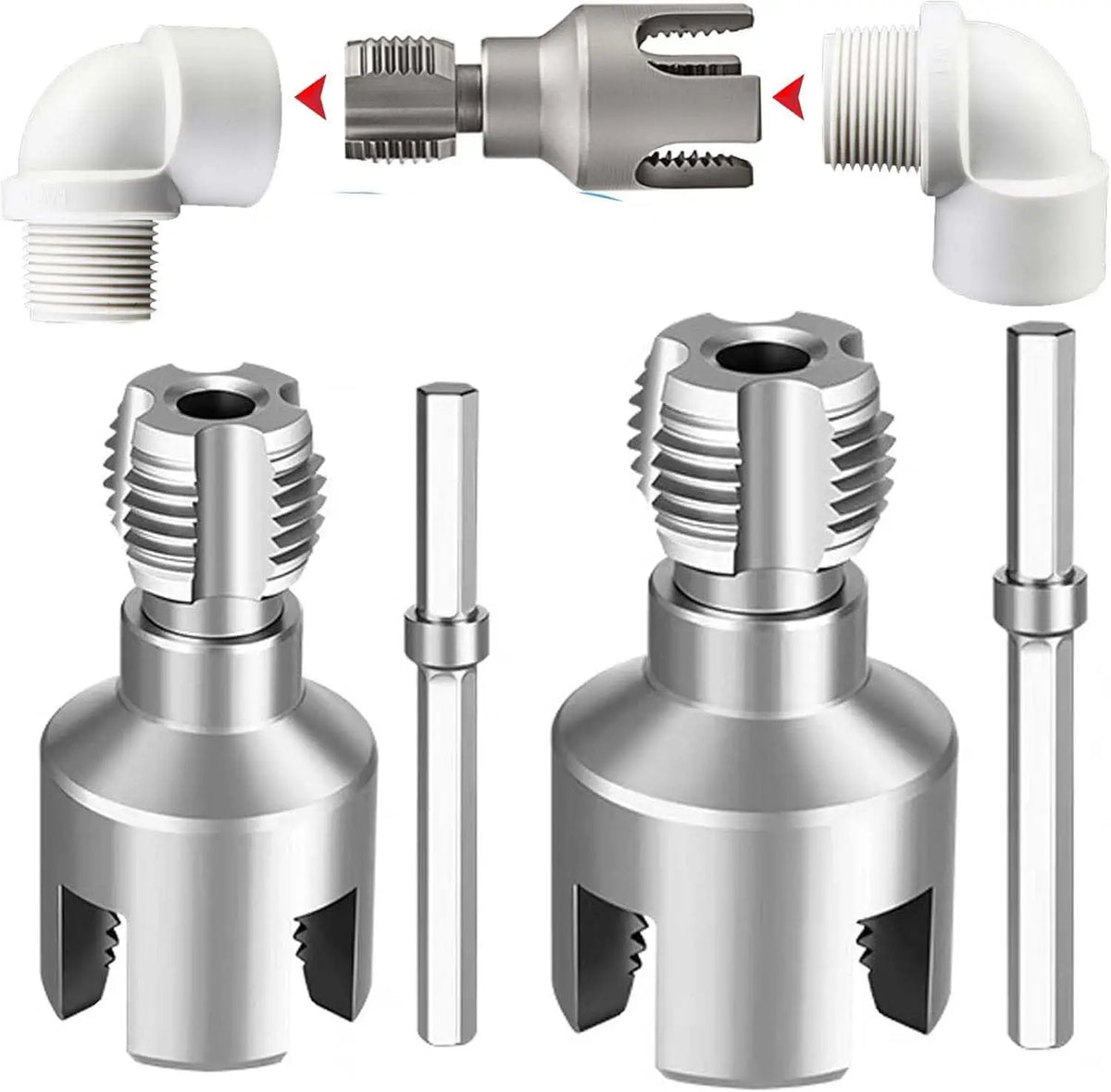 A set of integrated pipe threading tools including a cutting tool and various threaded adapters for internal and external pip