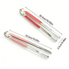 A pair of stainless steel BBQ tongs with pink handles and measurements shown on a white background.