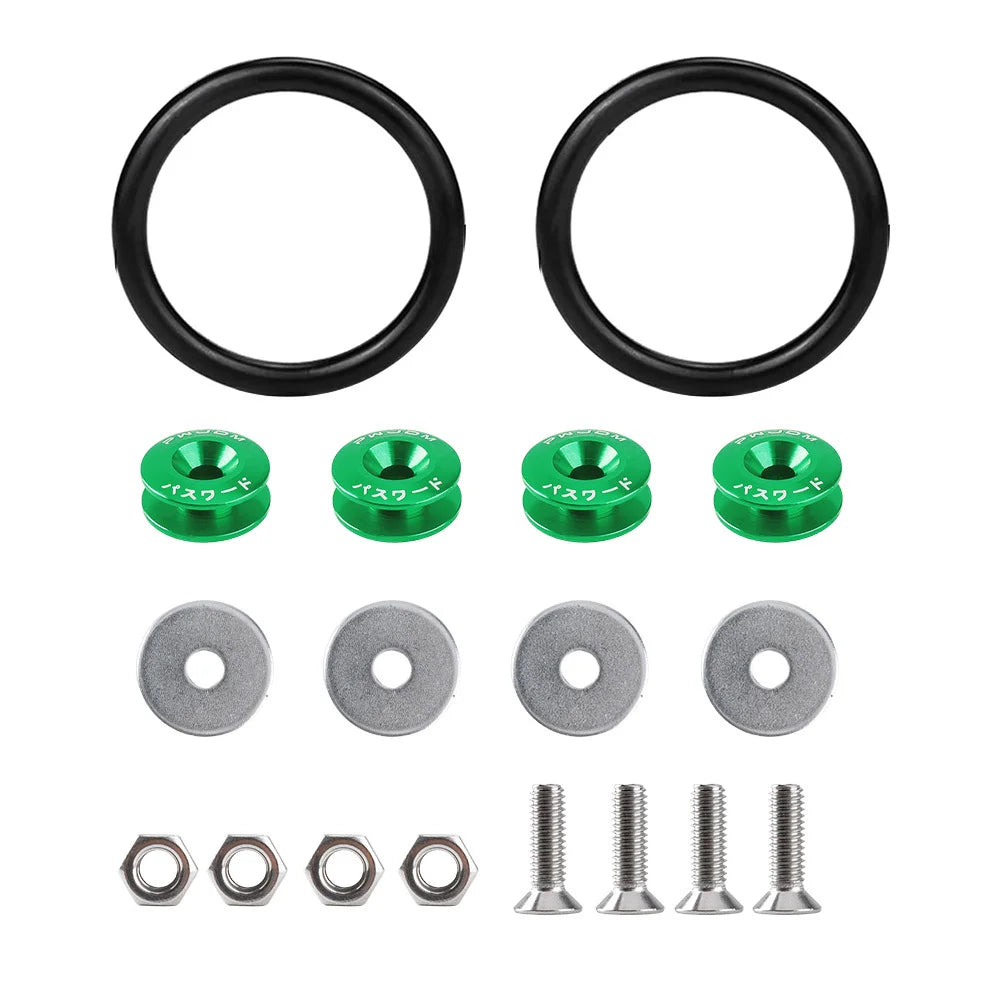 Kit of black rings and various metal fasteners for an aluminum quick release bumper.