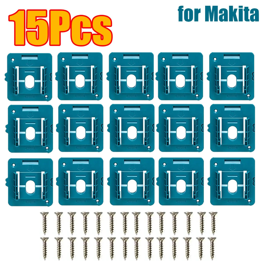 Set of 15 blue wall-mount battery holders and screws for Makita power tools