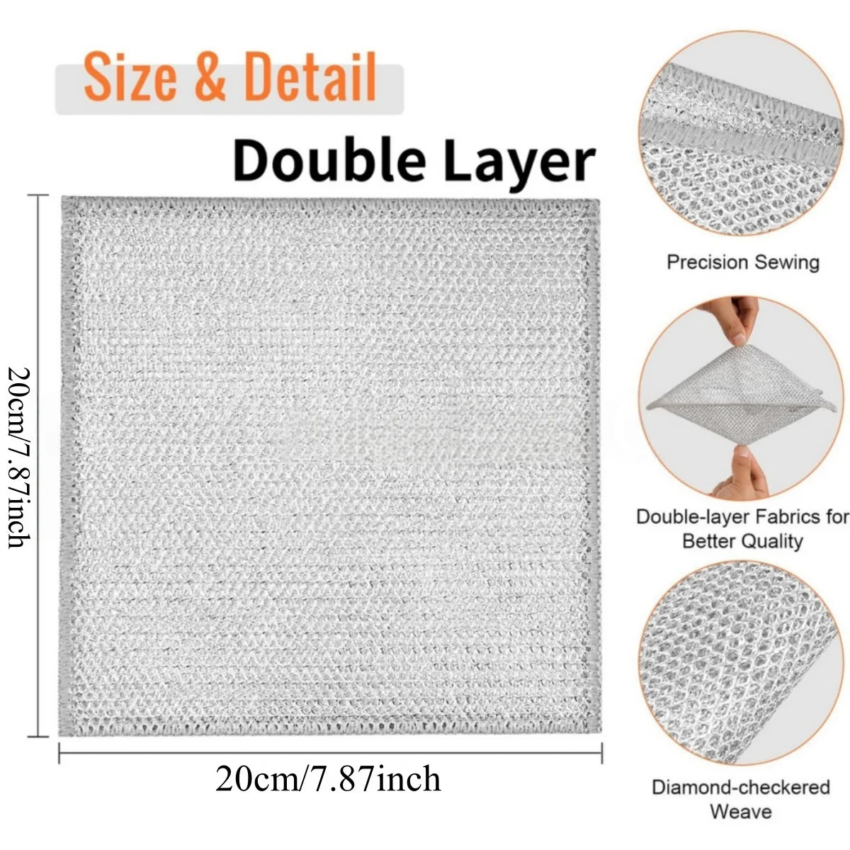 Close-up of a white double-layer woven fabric scouring cloth showing precision sewing and diamond-check weave texture.