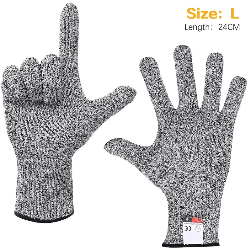 A pair of gray cut-resistant work gloves with a large hand displayed against a white background.