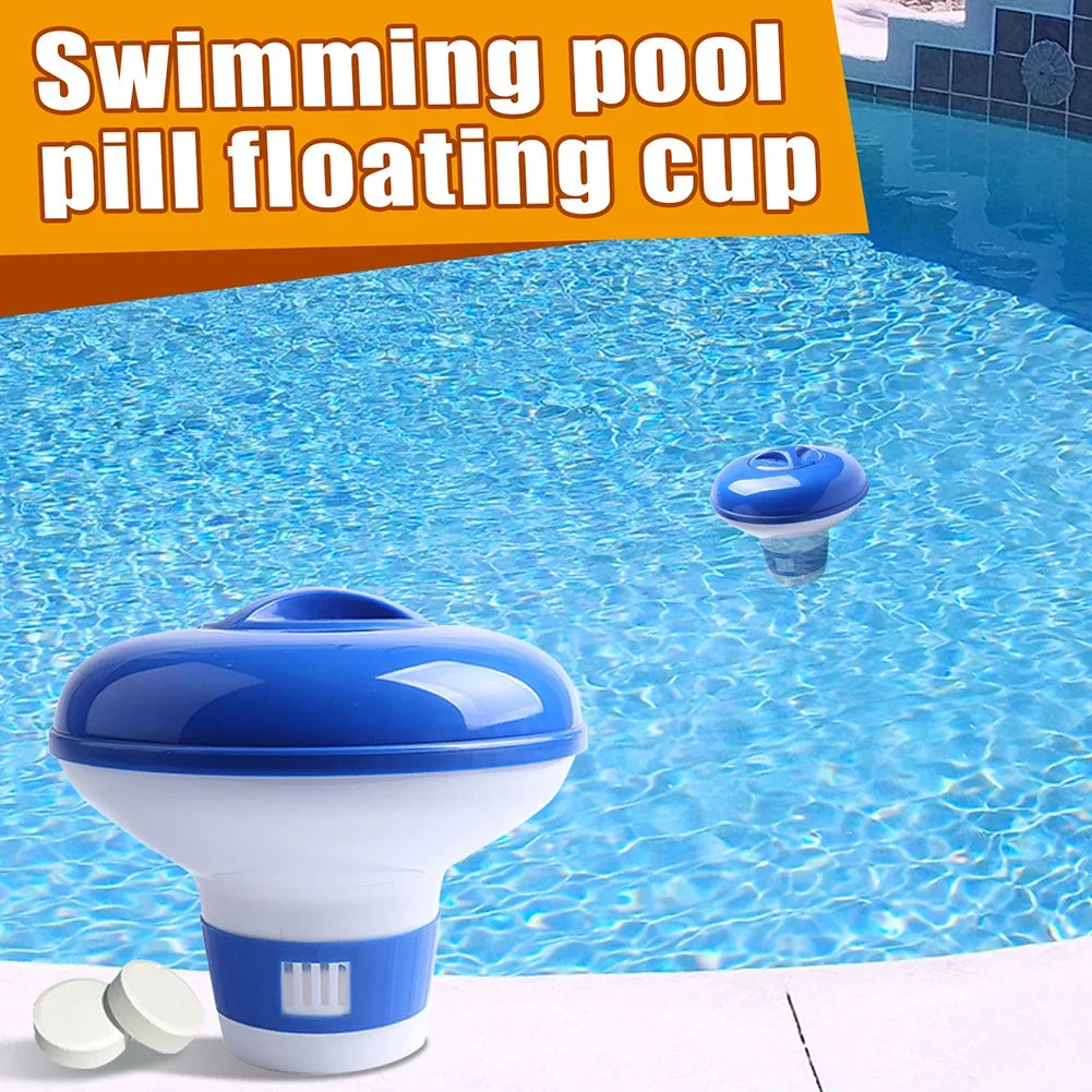 A blue floating cup chlorine dispenser is shown in a swimming pool.