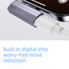 A silver USB-C to 3.5mm audio adapter with a white cable is shown connected to a smartphone.