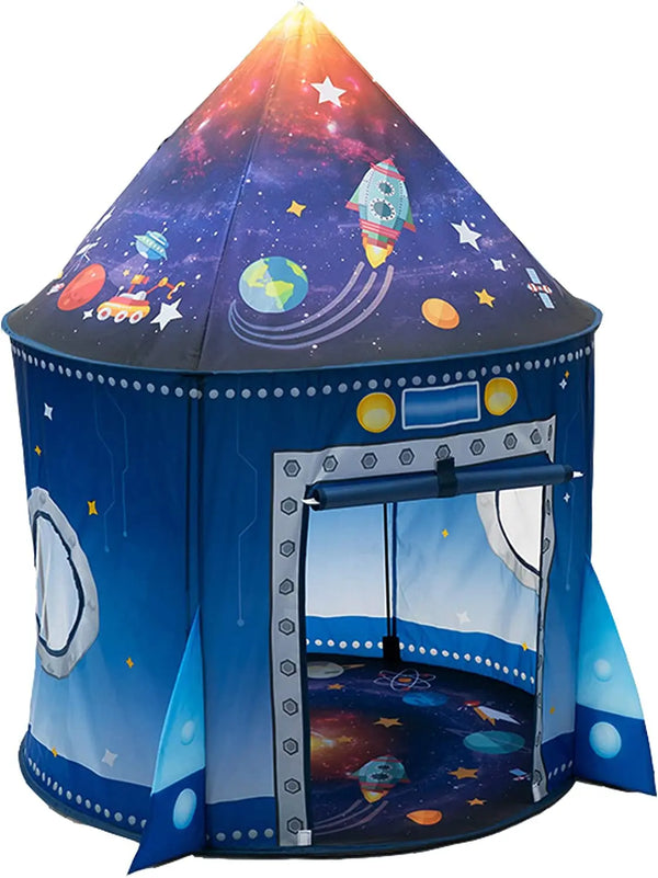 A blue rocket ship pop-up play tent with stars and planets visible through the entrance.