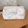 Pink Bow Plaid Quilted Cosmetic Bag with Multiple Compartments
