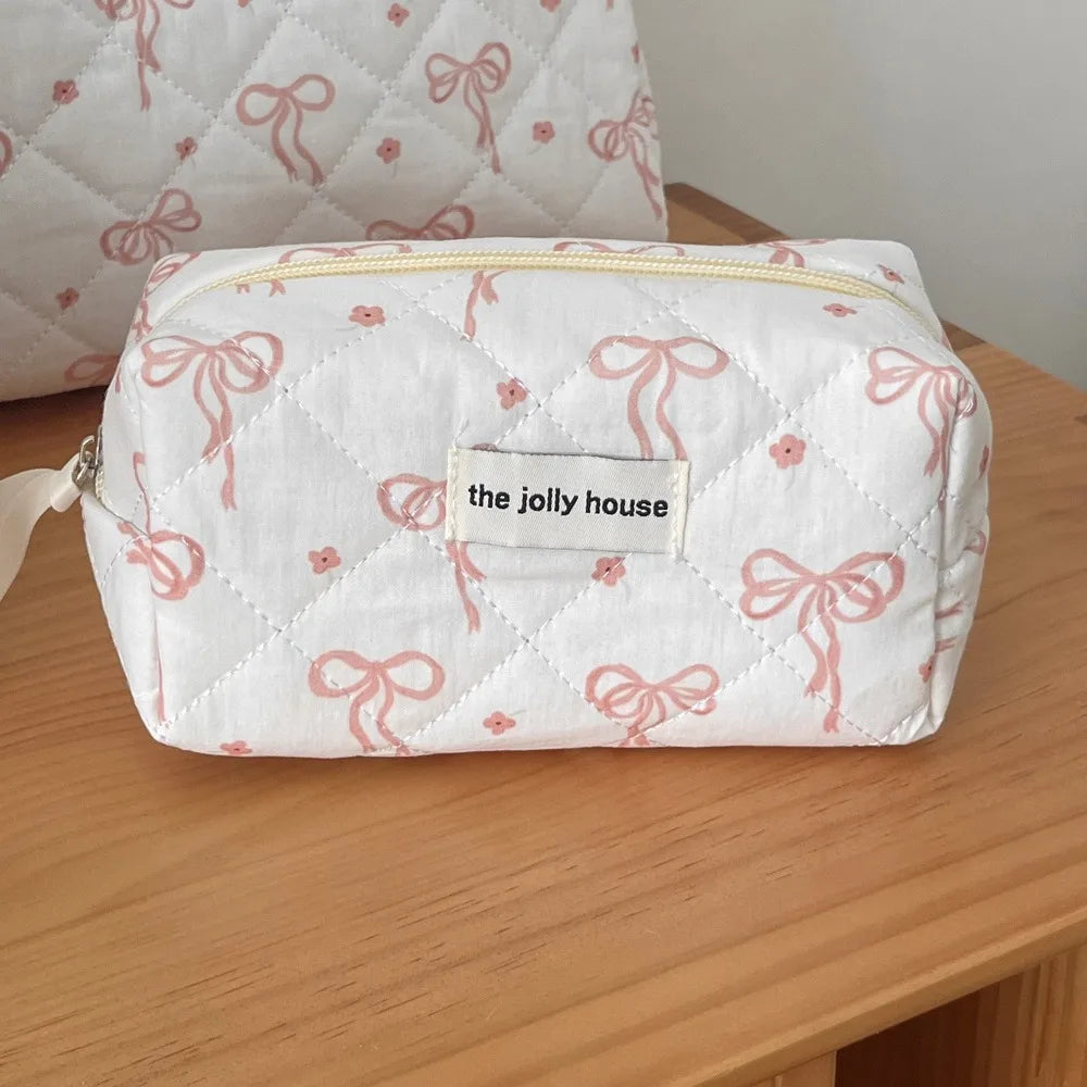 Pink Bow Plaid Quilted Cosmetic Bag with Multiple Compartments