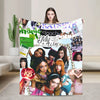 A colorful throw blanket featuring various models and text related to Katyeye and My Way