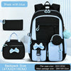 Black and blue backpack set featuring a main backpack, a separate pouch, and a pencil case.