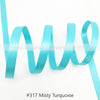 Light blue satin ribbon in a misty turquoise color shown in a wavy drape.