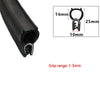Black U-shaped EPDM rubber edge trim with various dimensions shown for grip range