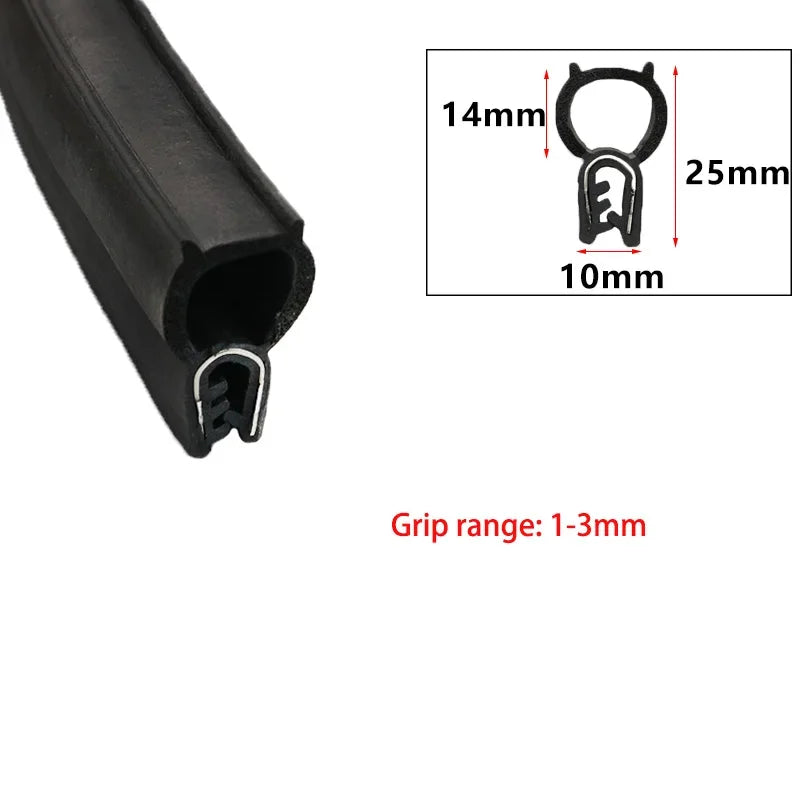 Black U-shaped EPDM rubber edge trim with various dimensions shown for grip range