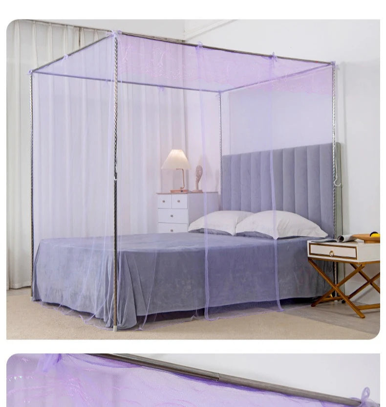 A princess-style lace canopy mosquito net draped over a bed, creating a sheer purple enclosure.