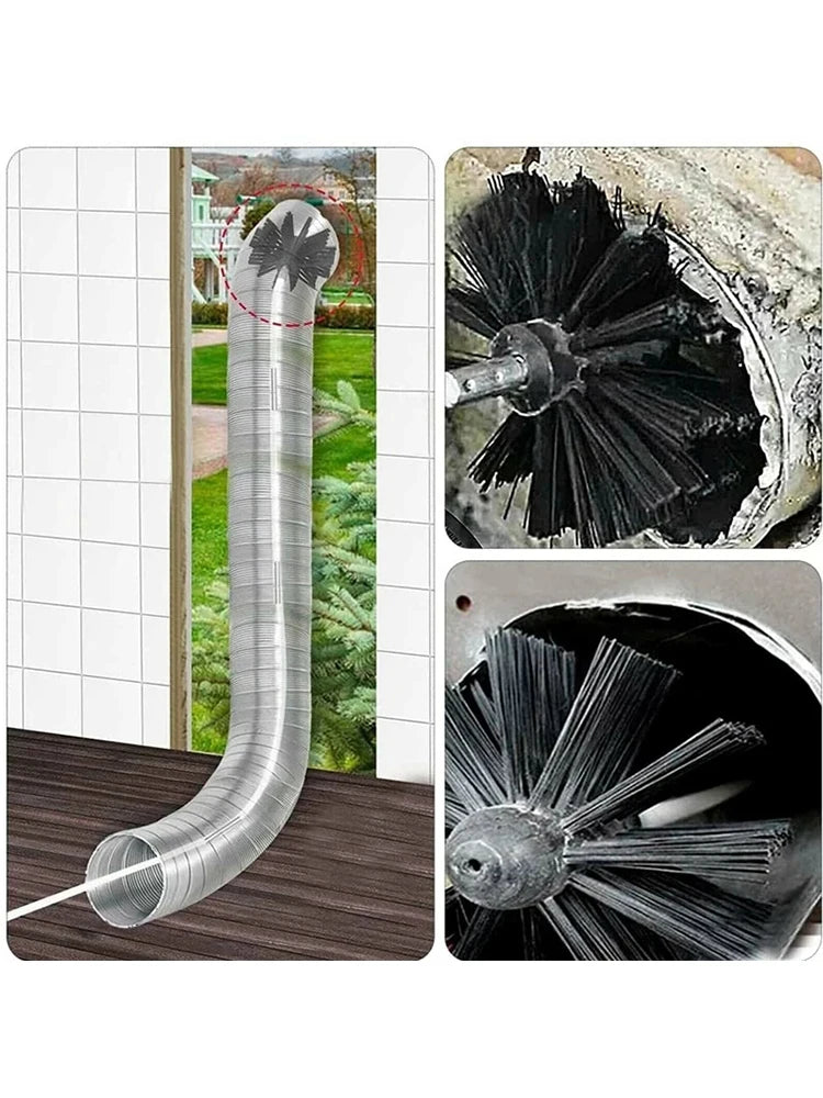 A kit showing a flexible chimney and dryer vent cleaning brush with bristles, displayed against a tiled background.