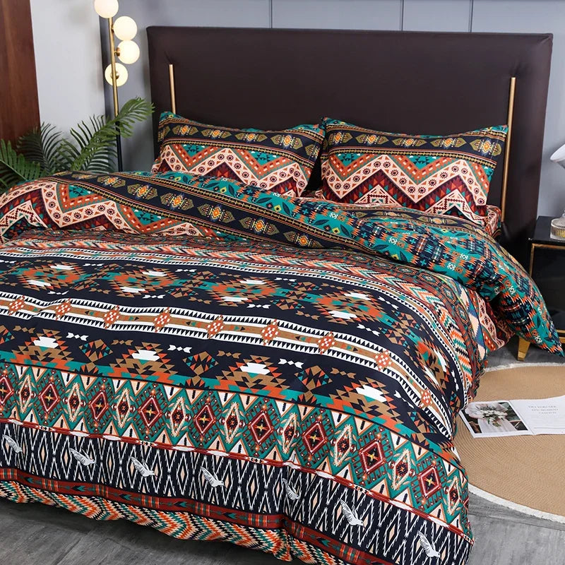 Boho striped geometric duvet cover set featuring intricate patterns in teal, orange, and navy on a dark brown bed.