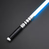 A blue lightsaber with a silver hilt and smooth blade is shown against a dark background.