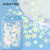 A clear plastic bag filled with holographic star sequins and loose sequins scattered on a blue surface.