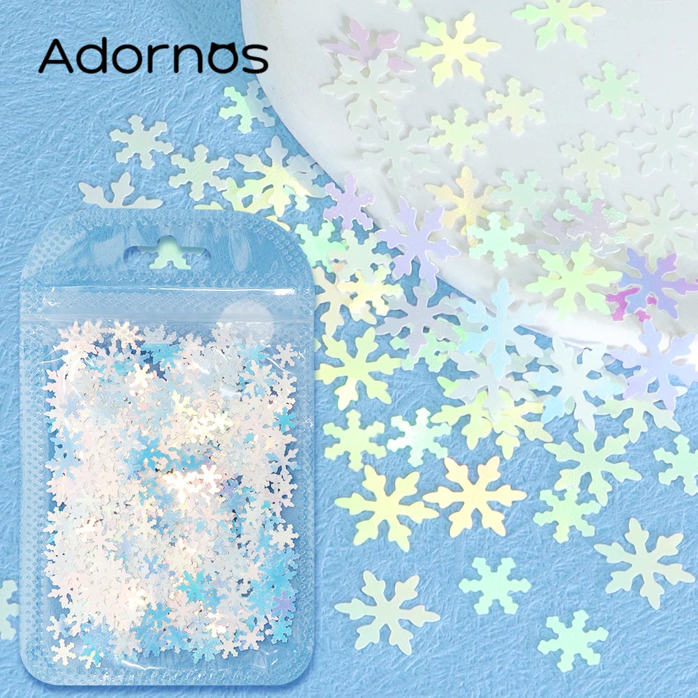 A clear plastic bag filled with holographic star sequins and loose sequins scattered on a blue surface.