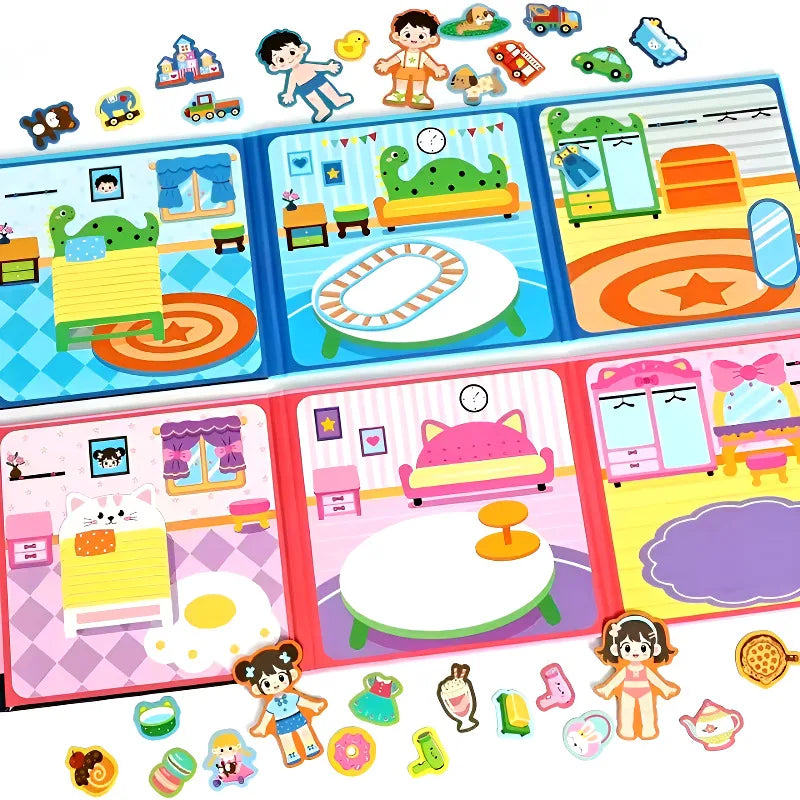 A colorful magnetic dress-up quiet book for kids featuring various animal and character figures.
