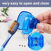 A hand holds a blue silicone toothbrush head cover with a clip, showing the easy open and close mechanism.