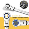 A chrome 12-point box end wrench is shown with an inset diagram illustrating its grip on flat sides.