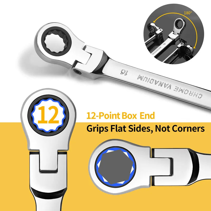 A chrome 12-point box end wrench is shown with an inset diagram illustrating its grip on flat sides.
