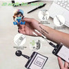 A hand holds a nurse-themed retractable badge holder with an ID clip, demonstrating its features.