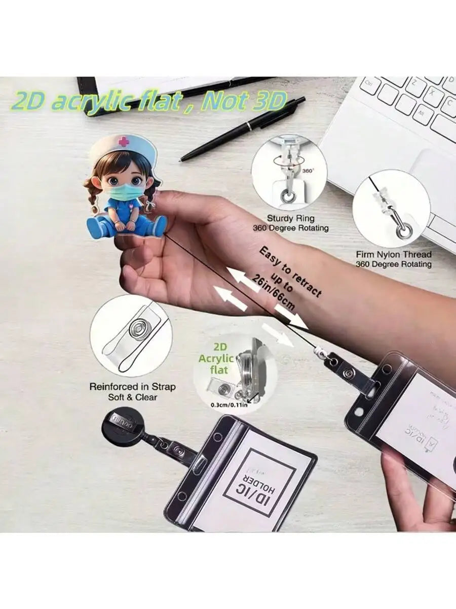 A hand holds a nurse-themed retractable badge holder with an ID clip, demonstrating its features.