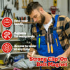 A man wearing a plaid shirt and overalls holds a strong clip-on belt magnet tool holder.