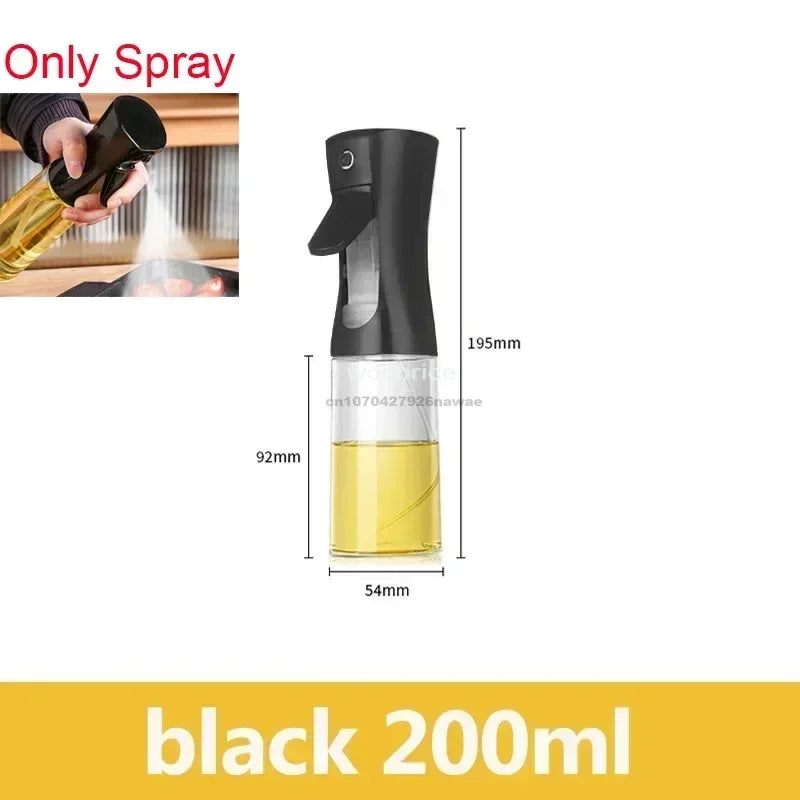 A black 200ml oil spray bottle is shown being used to spray cooking oil.