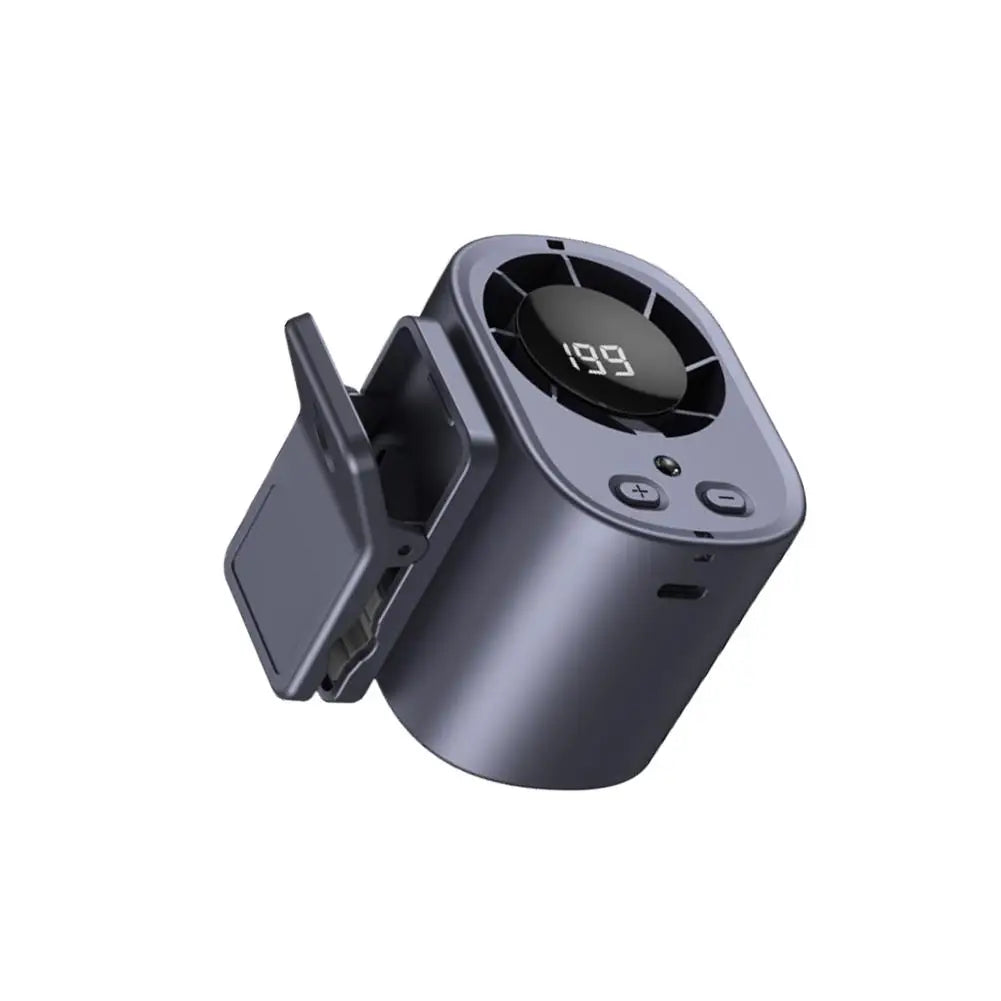 Ventilador portátil para coche gris oscuro con pantalla digital y botones de control.