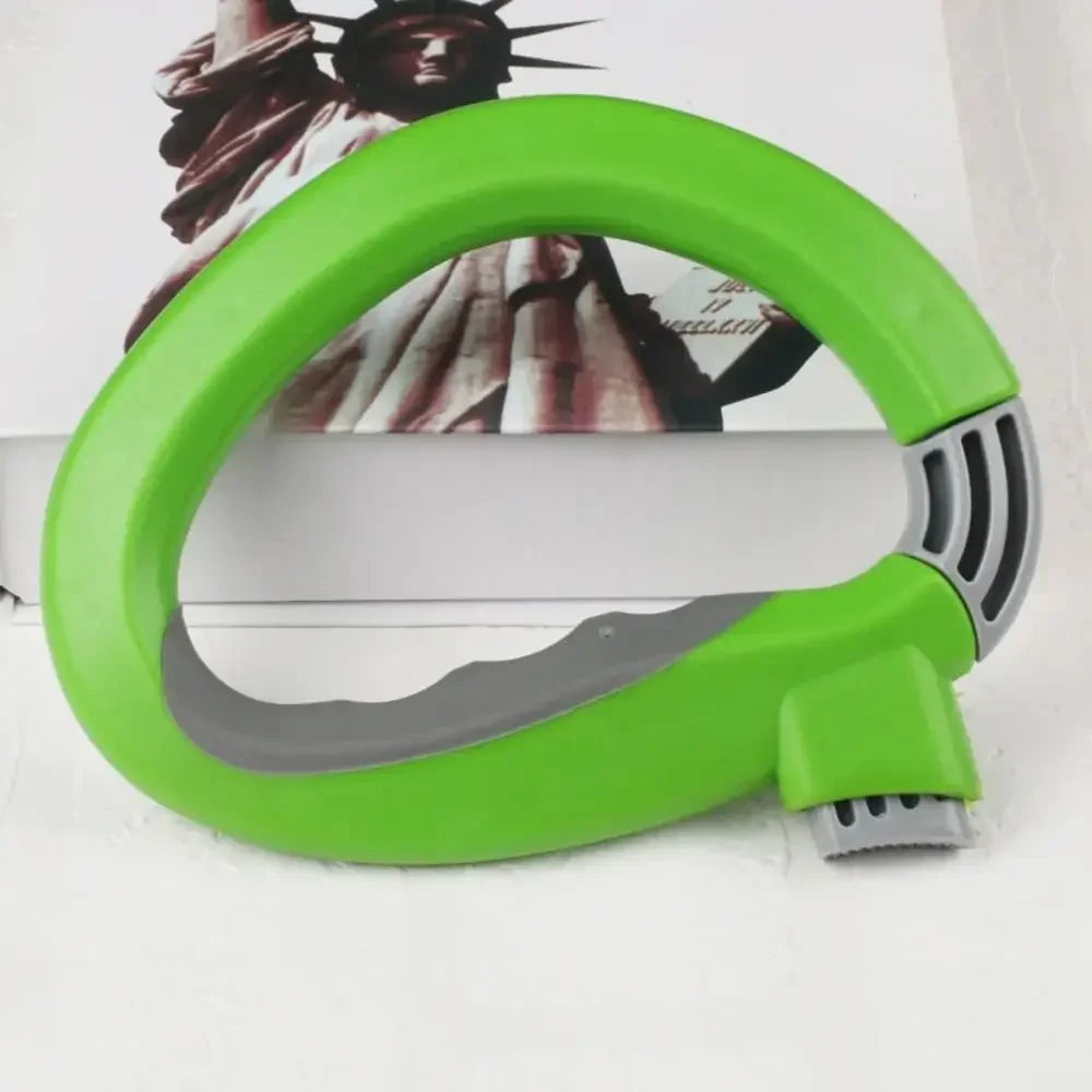 A bright green ergonomic grocery bag carrier with a soft-grip handle and a textured base.