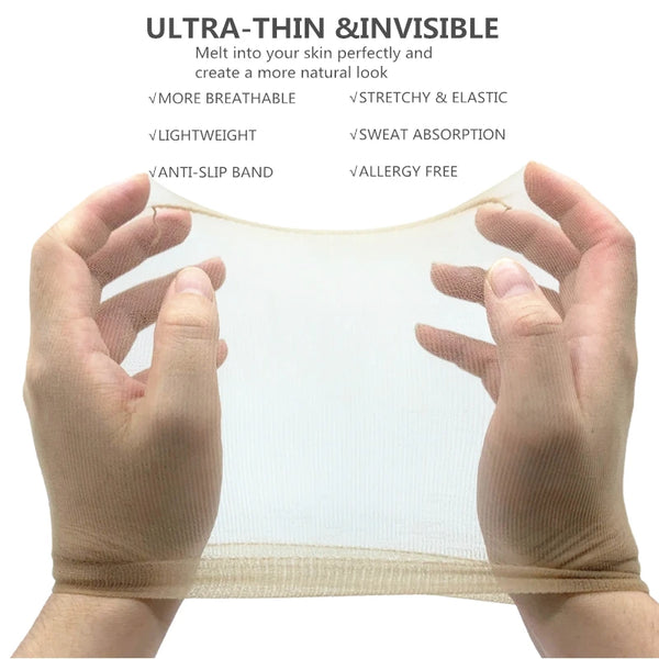 Hands holding a sheer, ultra-thin, invisible wig cap material against the skin.