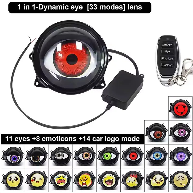 A black LED headlight lens with a red iris, connected by a wire to a remote control and various emoicons and car logos.