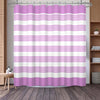 A shower curtain featuring a vertical striped pattern of pink and white horizontal stripes.