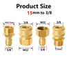 A set of brass quick-connect adapters for M22 15mm to 3/8 fittings, showing various sizes and connections.