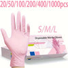 Pink disposable nitrile gloves in sizes S/M/L packaged for various quantities
