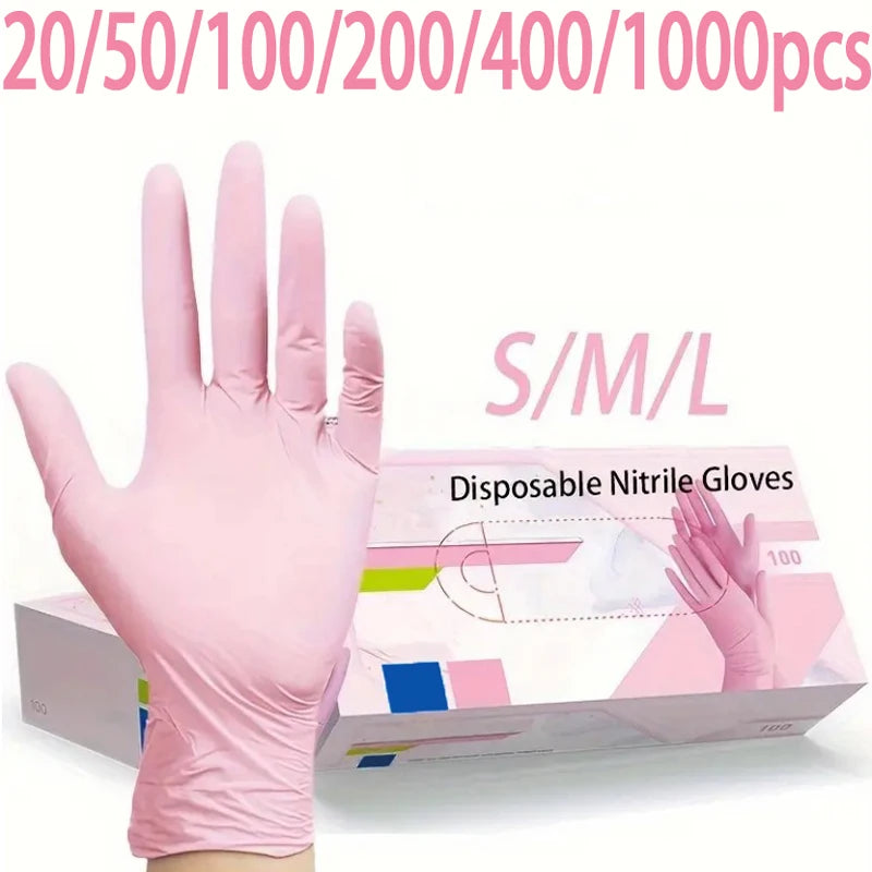 Pink disposable nitrile gloves in sizes S/M/L packaged for various quantities